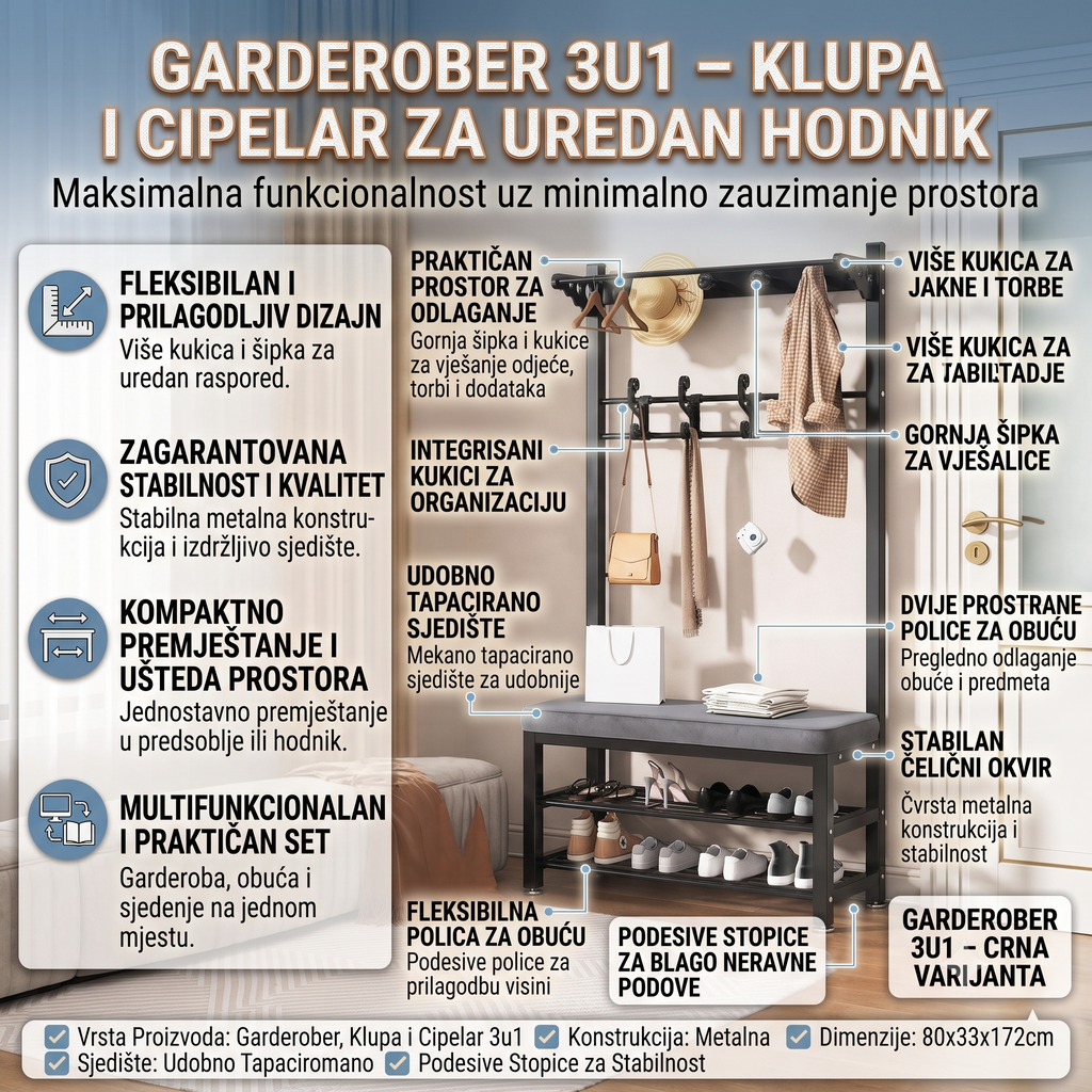 Garderober sa klupom i cipelarom 3u1
