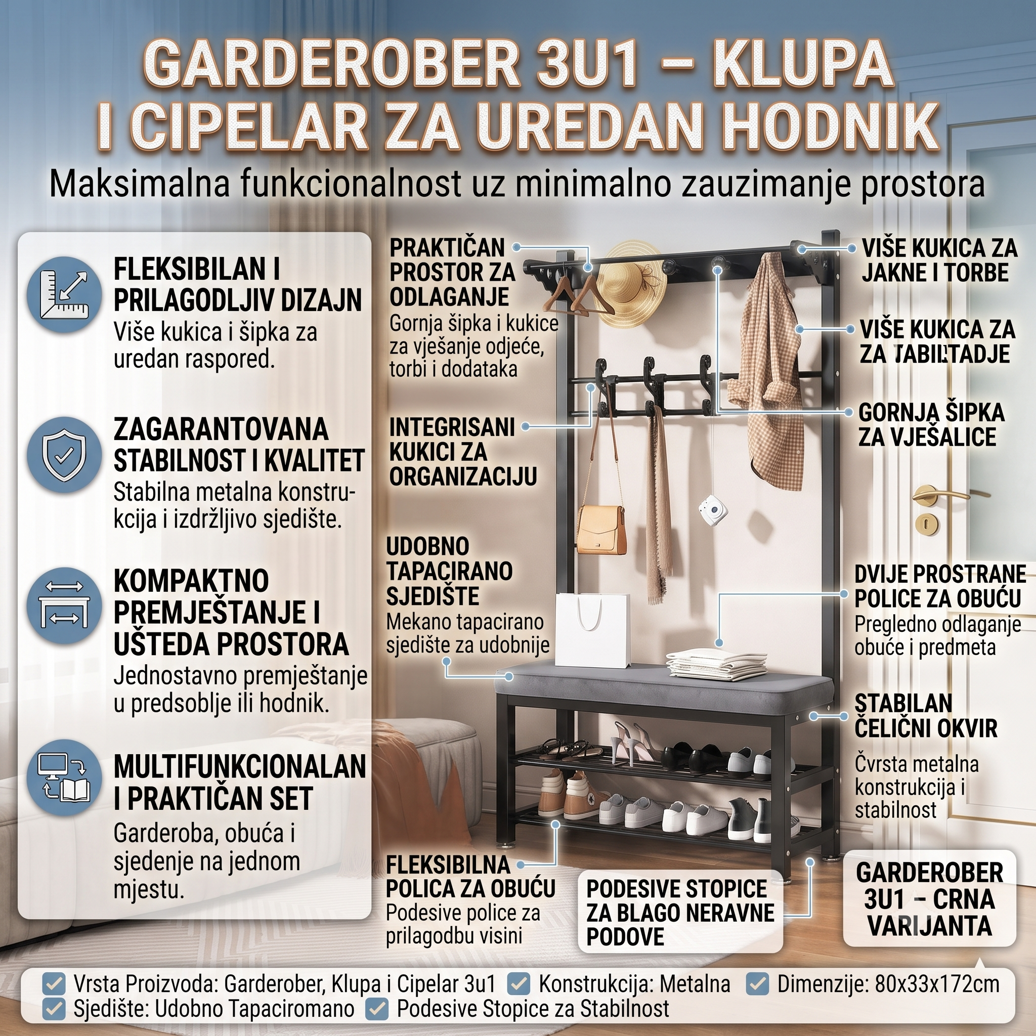 Garderober sa klupom i cipelarom 3u1