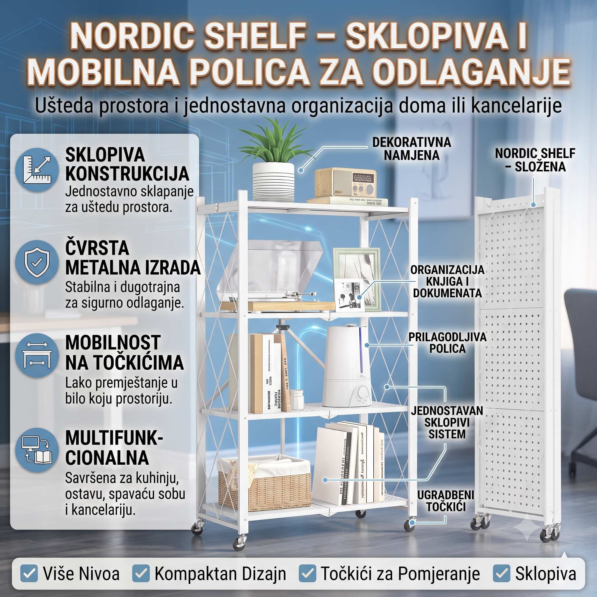 NordicShelf polica na točkićima Bijela/Crna